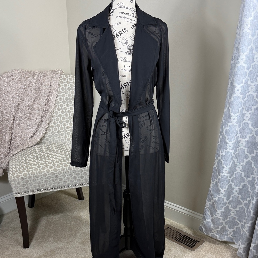 Sheer Black Longline Belted Duster Coat - Women